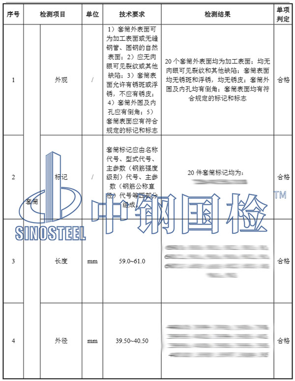 直螺紋套筒部分檢測結(jié)果